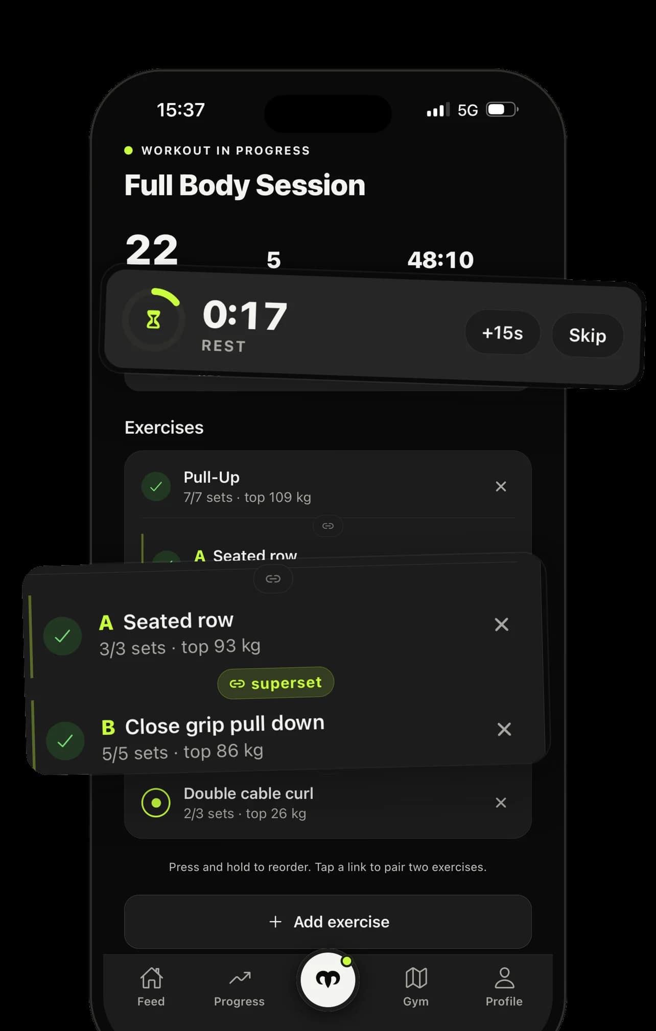 A workout in progress: a 0:17 rest timer with +15s and Skip, over a superset of seated row and close-grip pull-down.